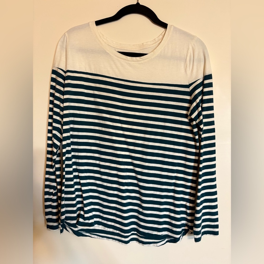 Old Navy Everywear White/Teal Striped Long Sleeve Top